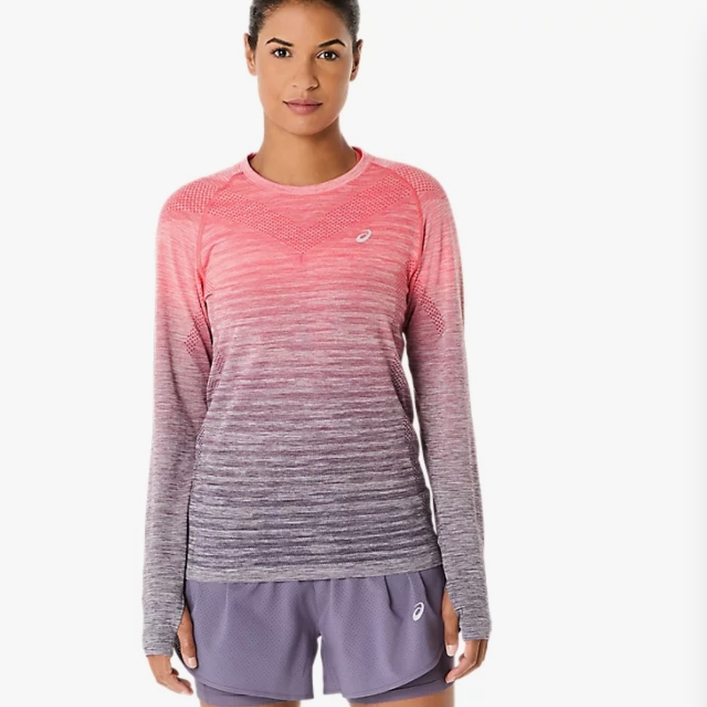 ASICS Women's Pink Gray Ombre Long Sleeve Top Active Running Workout S NEW